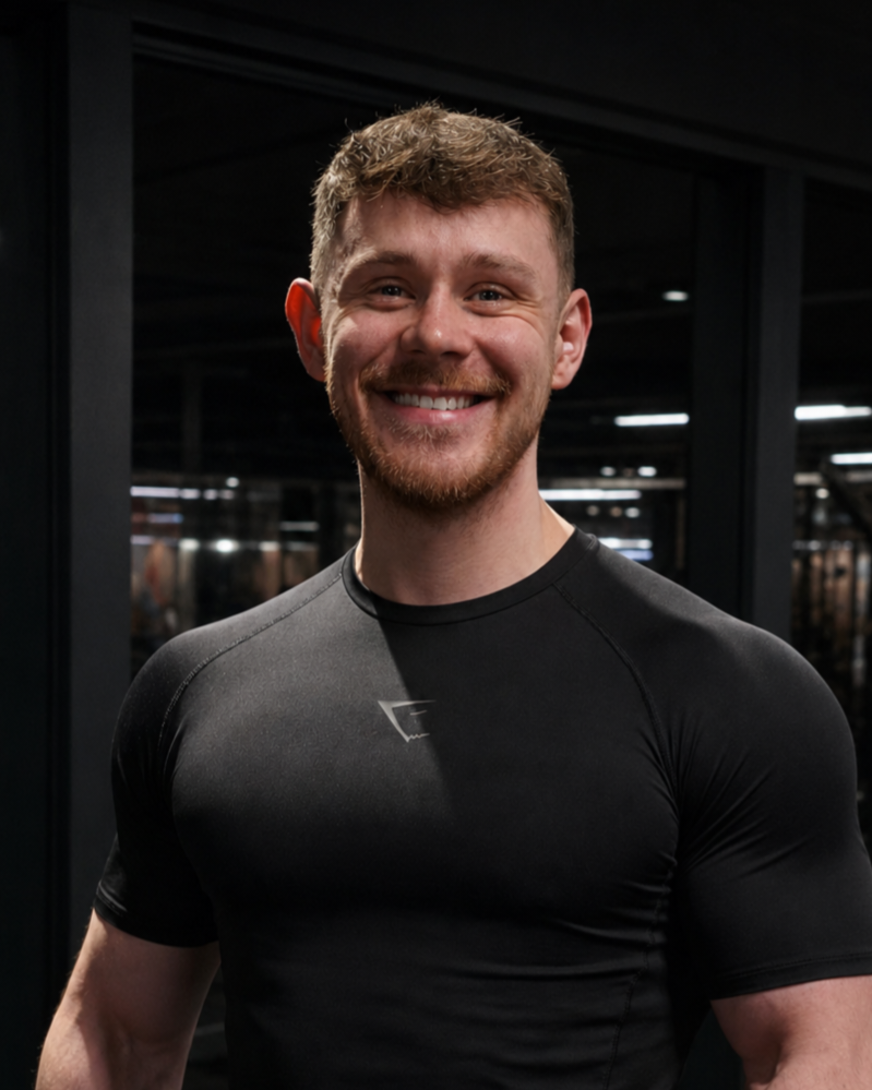 Coach Ramón lächelnd im schwarzen Sportshirt im Fitnessstudio